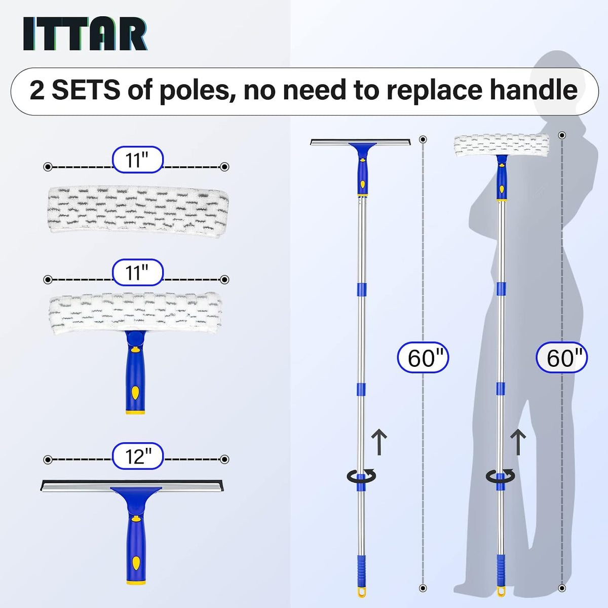 ITTAR Window Squeegee with 2 Sets Separate Pole, 12" Rubber Squeegee and 11" Microfiber Pads, 60"-73.6" Telescopic Window Cleaning Kit with Rotating Head for High Windows, Shower Glass, Car Windshield