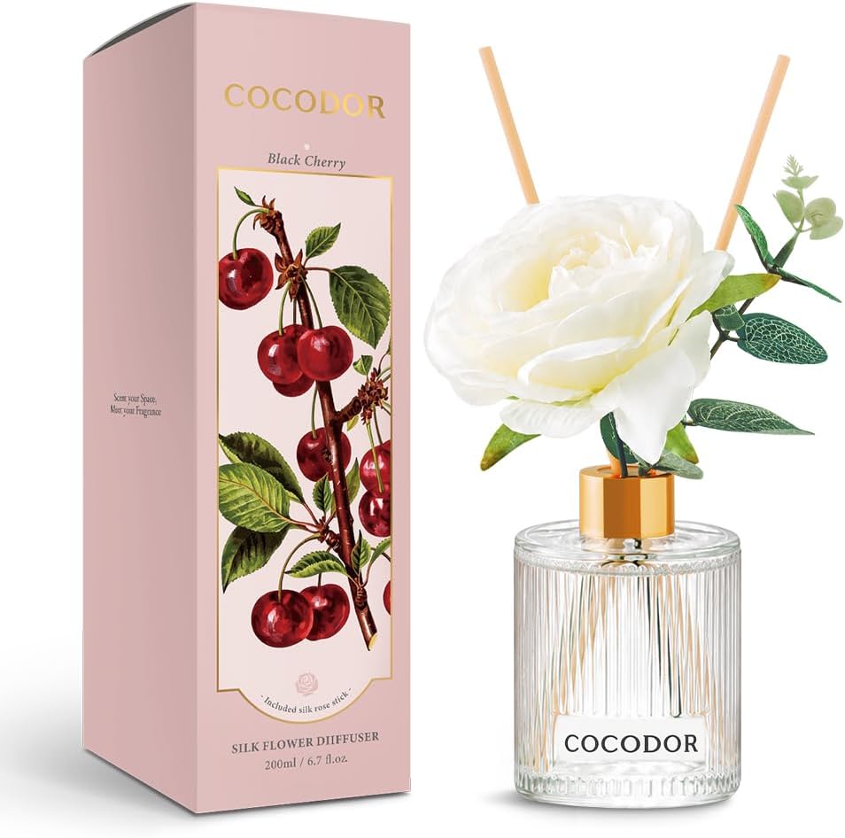 COCODOR Silk Flower Reed Diffuser Set, Black Cherry, 6.7 oz, Home Décor