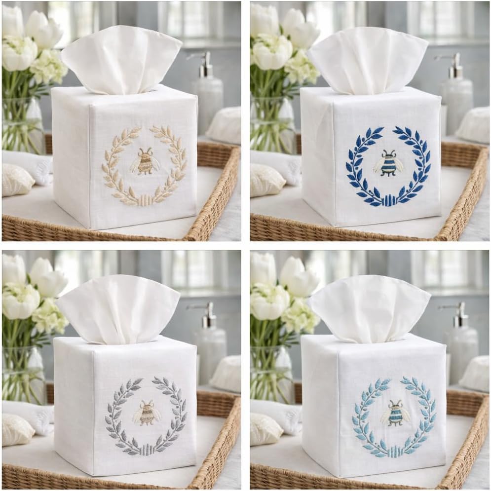 Jacaranda Living Square Tissue Box Cover, Linen/Cotton Fabric Tissue Holder, Decorative Cloth Tissue Cube Cover, Embroidered Bee Designs, Napoleon Bee Wreath (Beige)