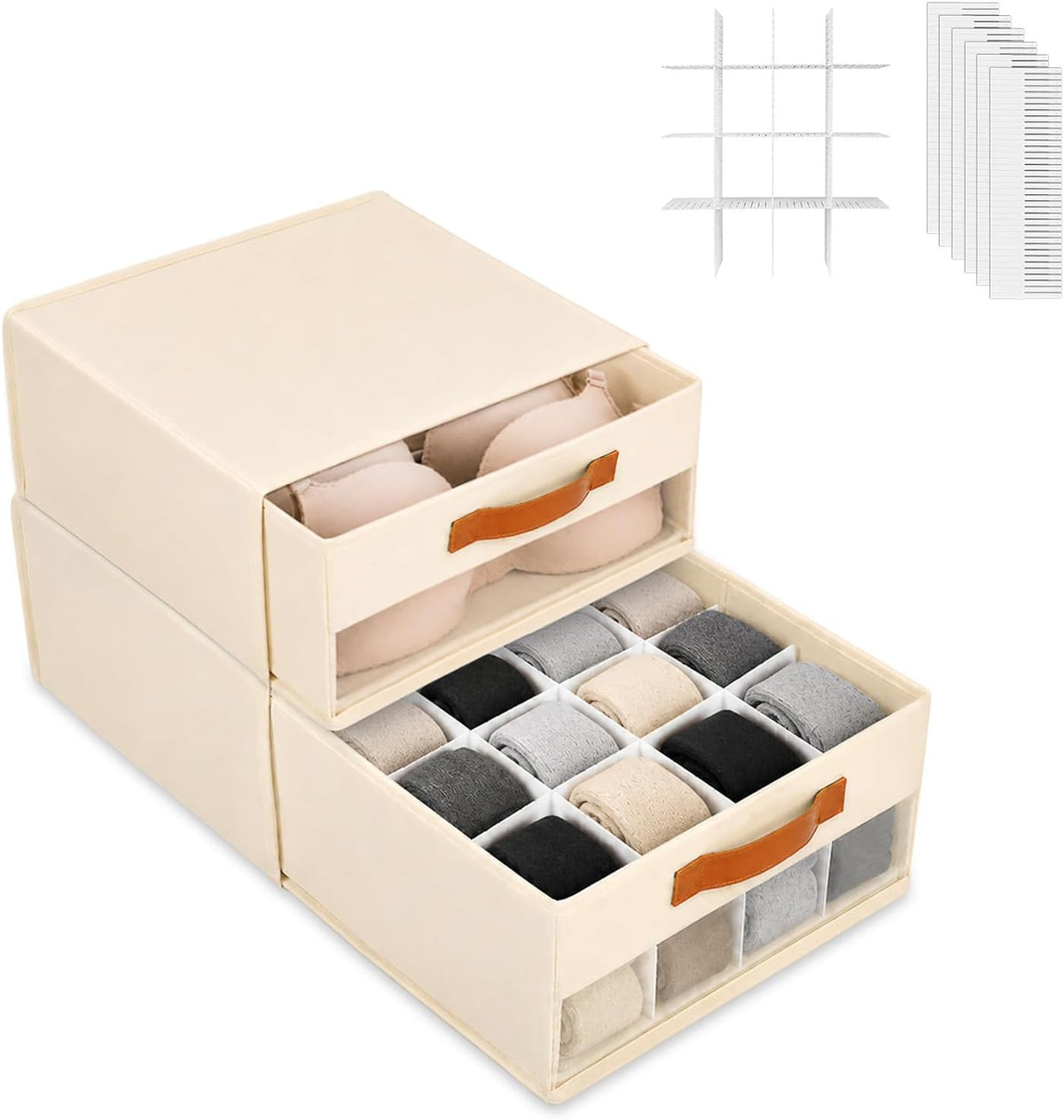 Minimalist Home DIY Underwear Drawer Organizer-Dustproof Sock Organizer with 6pcs Drawer Divider Adjustable Cream White Stackable Closet Storage Bins for Bra Socks Ties