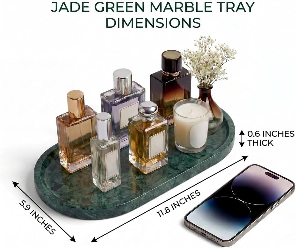 YKAJO Jade Green Oval Marble Tray, 11.8x5.9 Vanity Perfume Organizer Dish