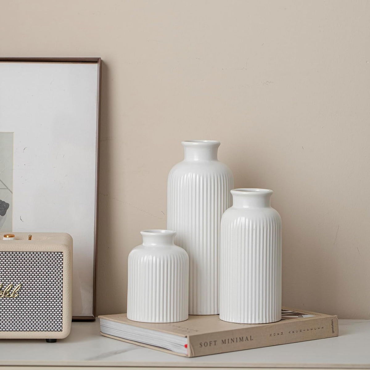 Large Modern Ceramic Vase Set, White Ribbed Matte Design, 10 Inch Tall, 4 Inch Width, 3-Piece Decorative Vases for Home, Living Room, Office (XL Matte Glaze White)