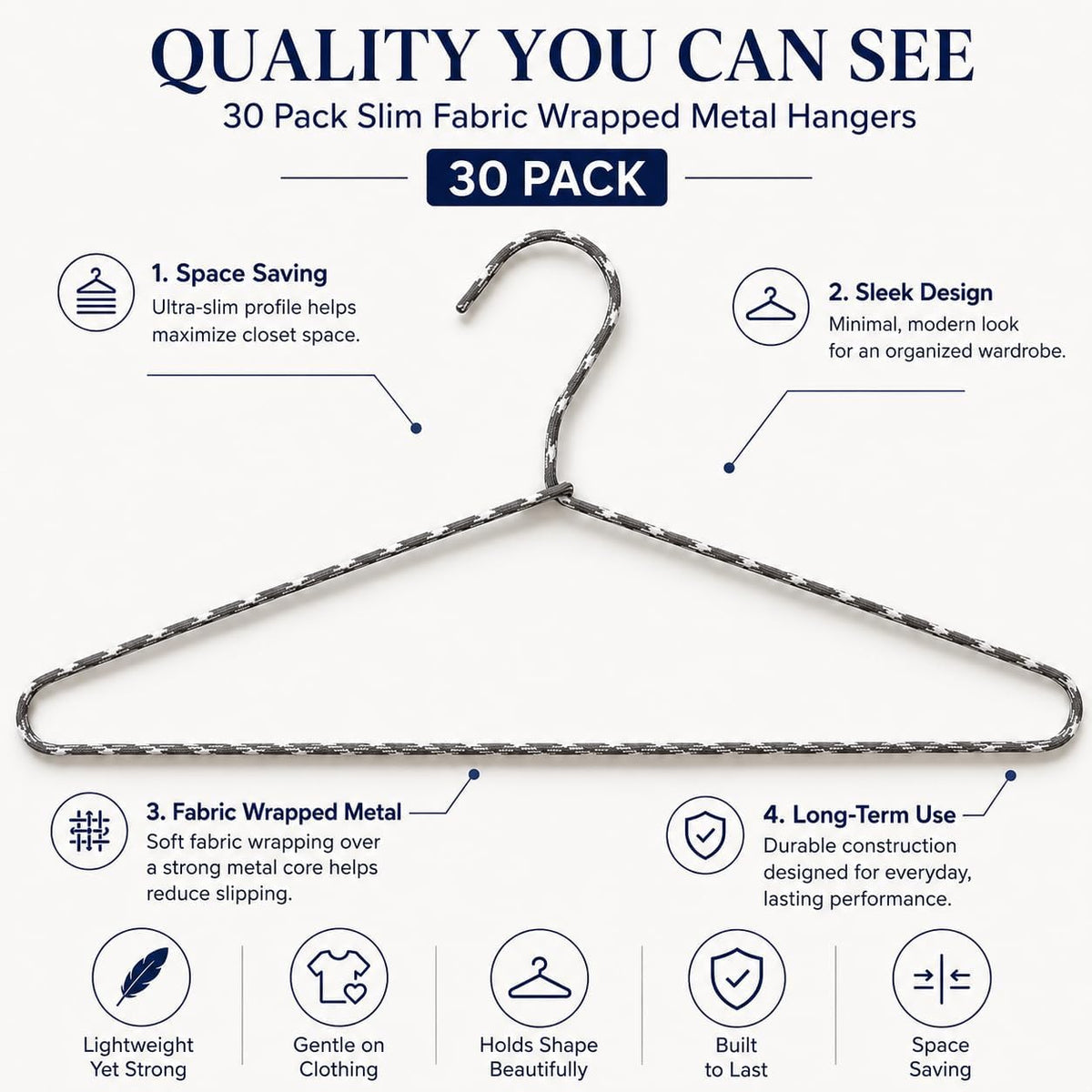 Clothes Hangers 30 Pack – Space Saving Fabric & Metal Hangers, Non-Slip Pant & Coat Hangers, Room Essentials, Closet, Durable Wardrobe Storage, Suits & Pants – Natural/White