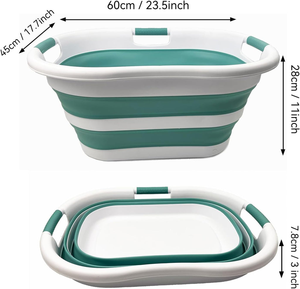 SAMMART 40L (10.5 gallon) Collapsible Plastic Laundry Basket - Space Saving Storage Container/Organizer - Portable Washing Tub - Foldable Pop Up Hamper/Basket (1, White/Celadon Green)