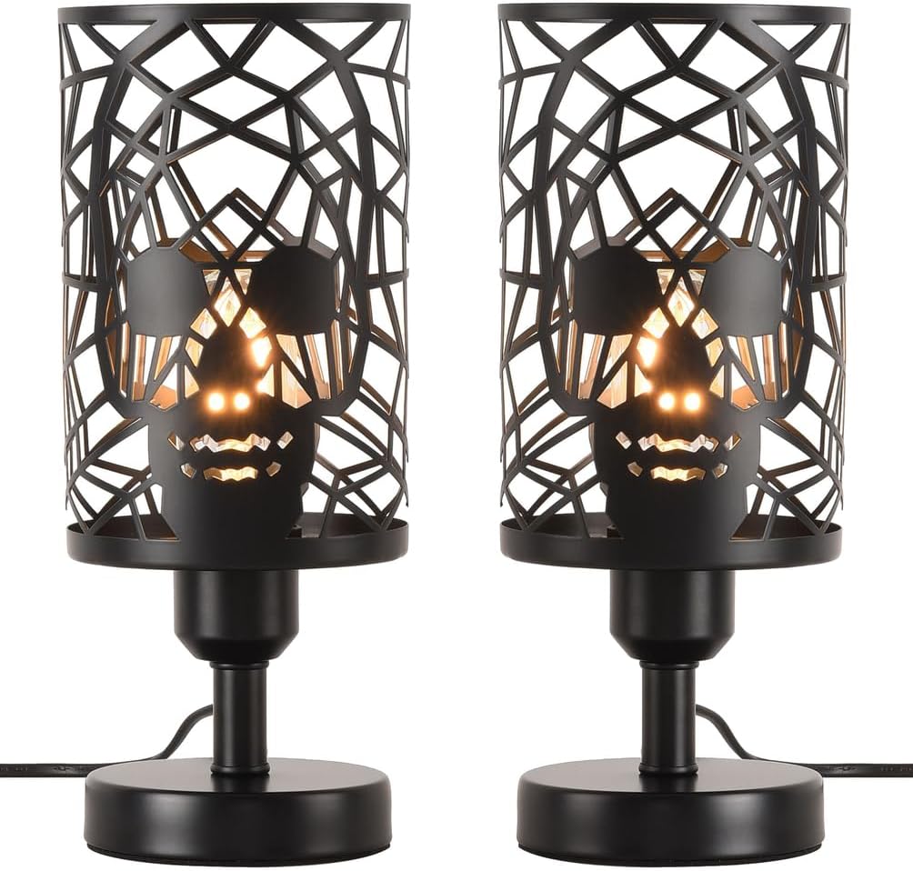 Set of 2 Skull Table Lamp for Bedroom with Plug in Switch