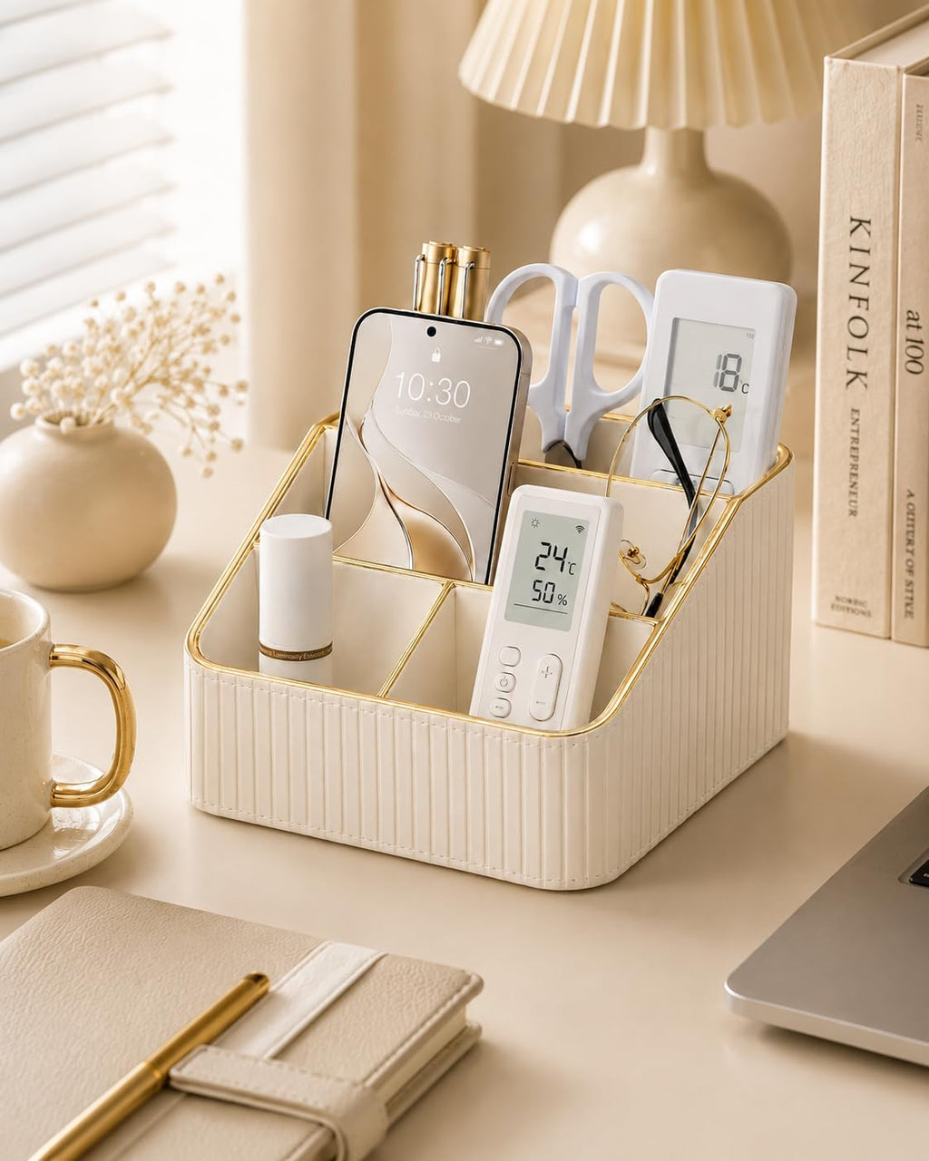 KINGFOM PU Leather Remote Control Holder, 4 Compartment Nightstand Organizer with Gold Trim, Small Desk Organizer for Office Supplies, Phone, Glasses, Pens, Bedside Table, Living Room Decor White