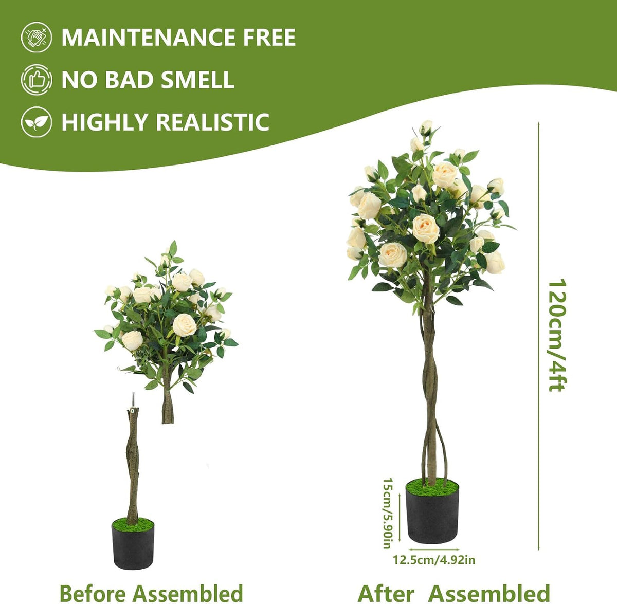 Artificial Rose Tree – Faux Plants Indoor 4FT, with Easy Assembly, Low Maintenance, Ideal for Home, Office, Outdoor Porch, Patio, Garden, Doorway, Living Room, New House Decor (Champagne)