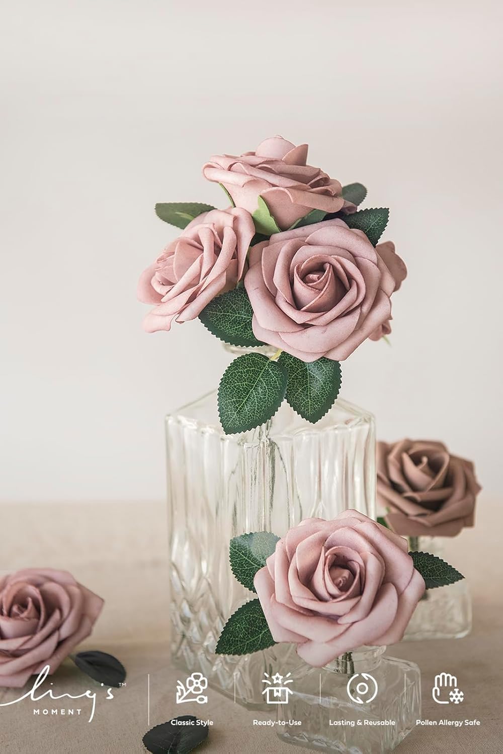 Ling's moment Artificial Wedding Flowers 1.5" Rose Buds and 2" Petite Roses 25pcs Dusty Rose & Mauve w/Stem for DIY Wedding Boutonniere Wrist Corsages Bouquets Centerpieces Arrangements
