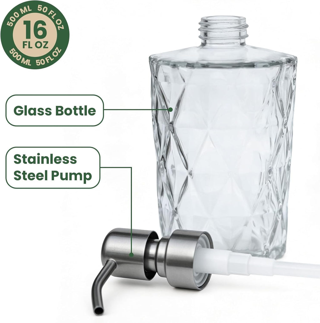 16 OZ Diamond Design Soap Dispense with 304 Rust Proof Stainless Steel Pump Glass Soap Dispenser Kitchen Soap Dispenser Bathroom