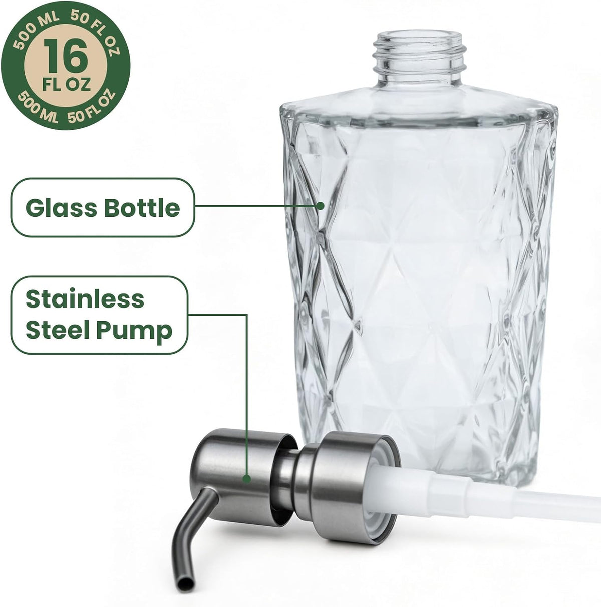16 OZ Diamond Design Soap Dispense with 304 Rust Proof Stainless Steel Pump Glass Soap Dispenser Kitchen Soap Dispenser Bathroom