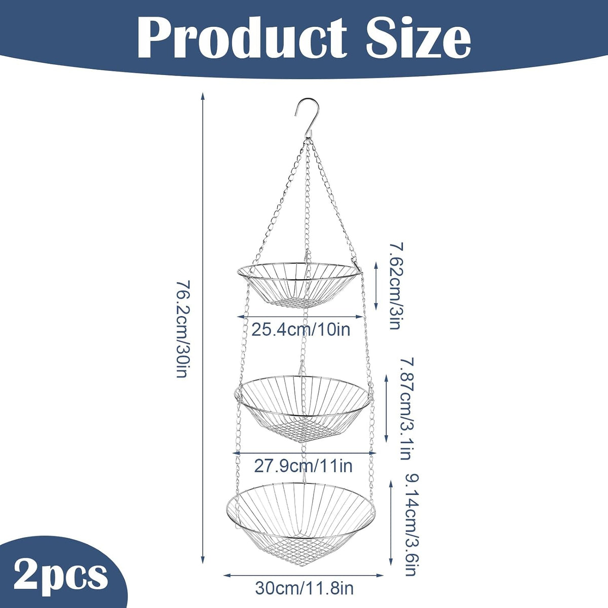 3-Tier Kitchen Wire Storage Basket Hanging Fruit Storage 2 Pack
