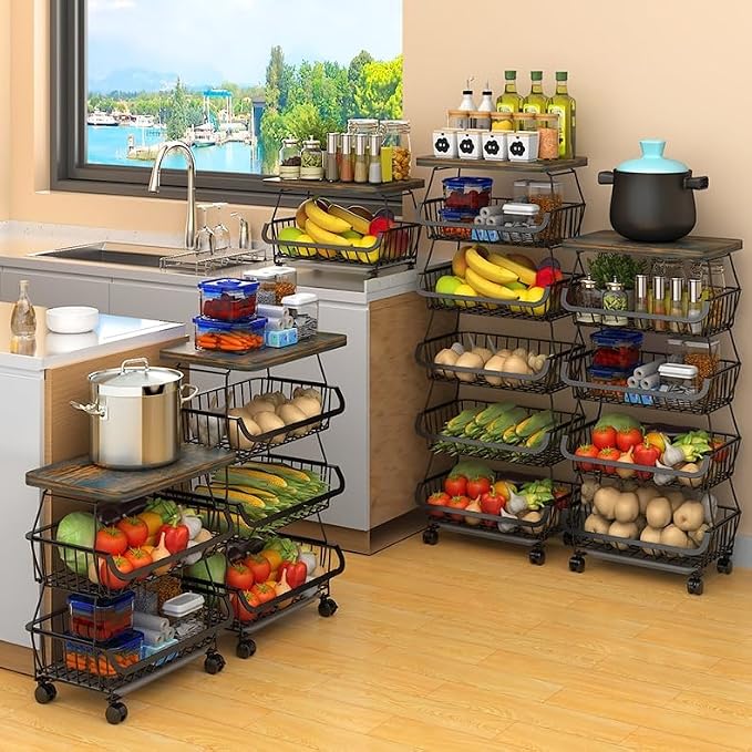 Metal Wire Baskets with Wheels, Kitchen Organizer, 6 Tier Stackable Storage Containers, Fruit and Vegetable Trolley, Dish Rack for Bathroom, Garage and Pantry