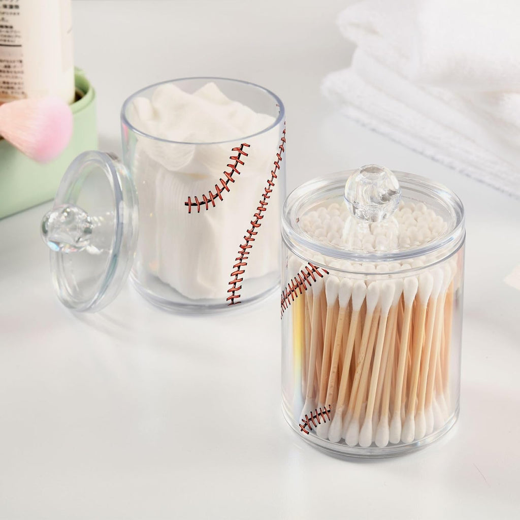Gredecor 4 Pack Apothecary Jars Baseball Softball Red Lace Qtip Holder Organizer Clear Airtight Canister for Cotton Swabs Storage Acrylic Plastic Jar with Lids