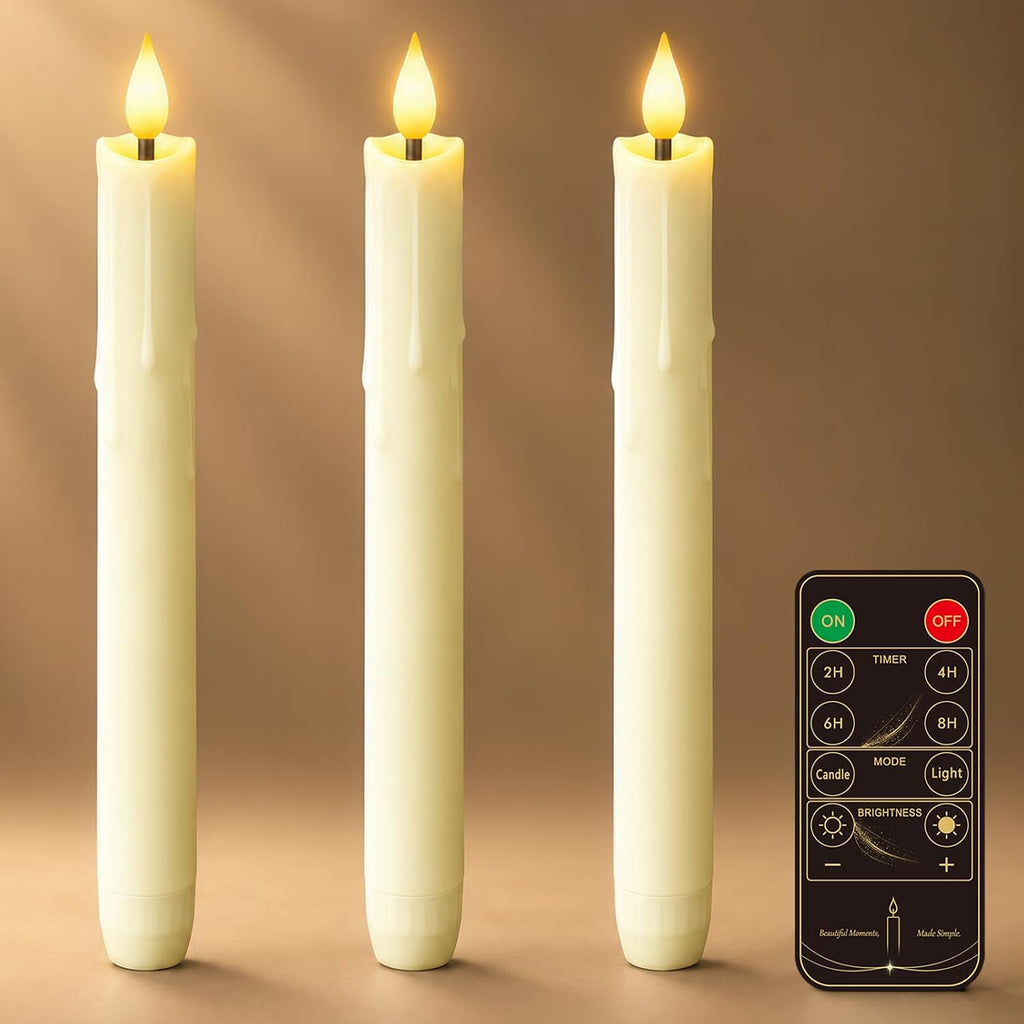 9.6 Inches Waxy Flameless Taper Candles, Dripless Fake Candlesticks with Timer, Ivory LED Candle with 3D Flickering Flame for Christmas Kitchen Fireplace Table Home Decor, 3 PCS