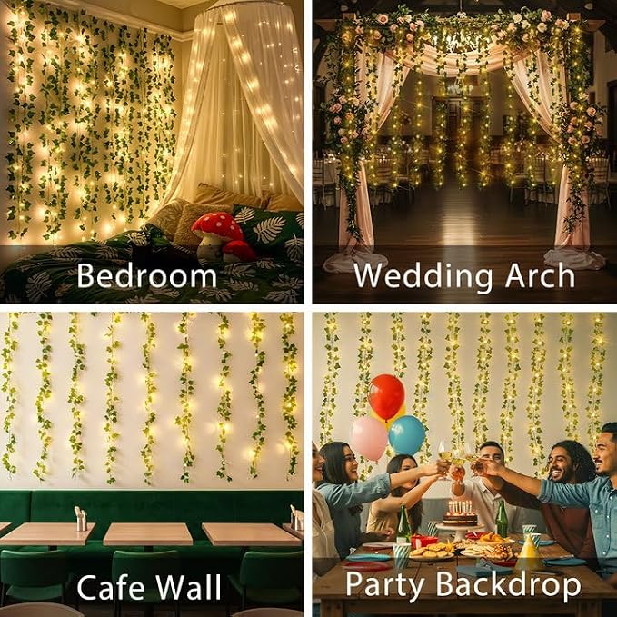 suddus 200 LED Vine with Light Plug in, 6.5ft x 6.5ft Ivy Fairy Curtain Lights with Remote, Leaf Fairy Lights for Wall,Bedroom, Dorm, Wedding, Party, Indoor Decor(Warm White)