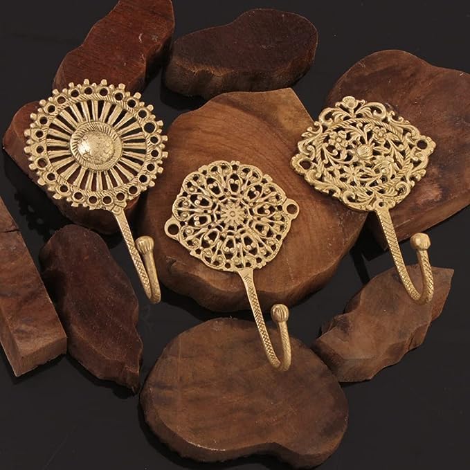 Indian Shelf Set of 3 Solid Brass Boho Wall Hooks for Coats and Keys