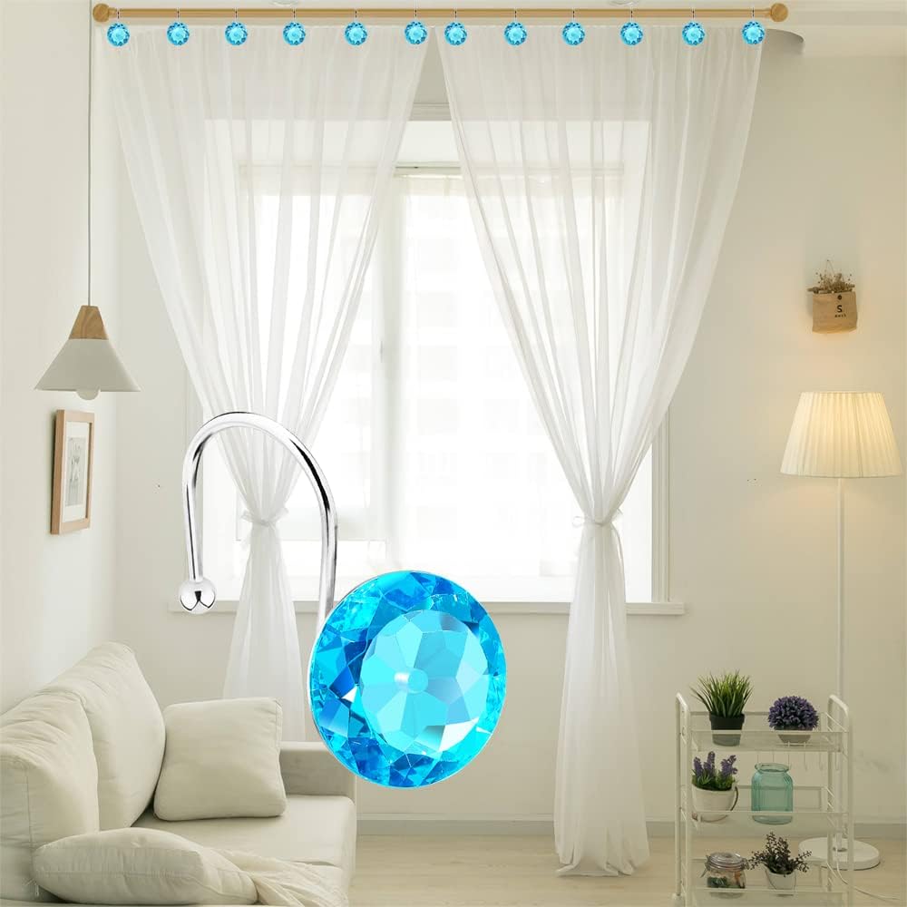 12PCS Stainless Steel Shower Curtain Hooks Rings for Bathroom, RustProof Metal Crystal Rhinestones Bling Shower Curtain Rings Hangers for Shower Curtains Decorative, Round Heavy Duty Hooks (Aqua Blue)