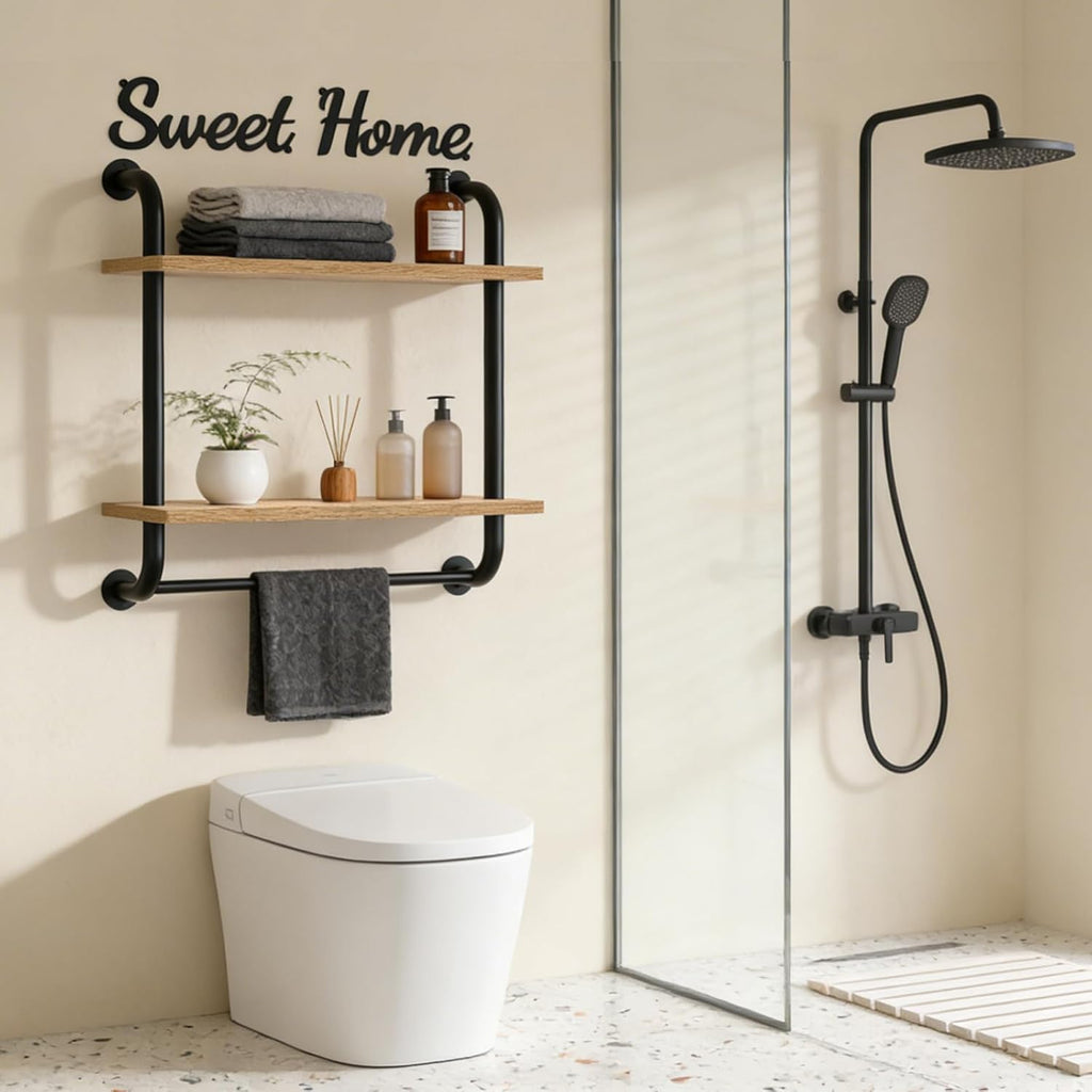 Tinpin Bathroom Shelves Wall Mounted, Rustic Farmhouse Pipe Shelves, 2-Tier, Industrial Shelving Over Toilet, Floating Shelf Decor for Bathroom, Kitchen, Bedroom, Living Room 17.3 inch
