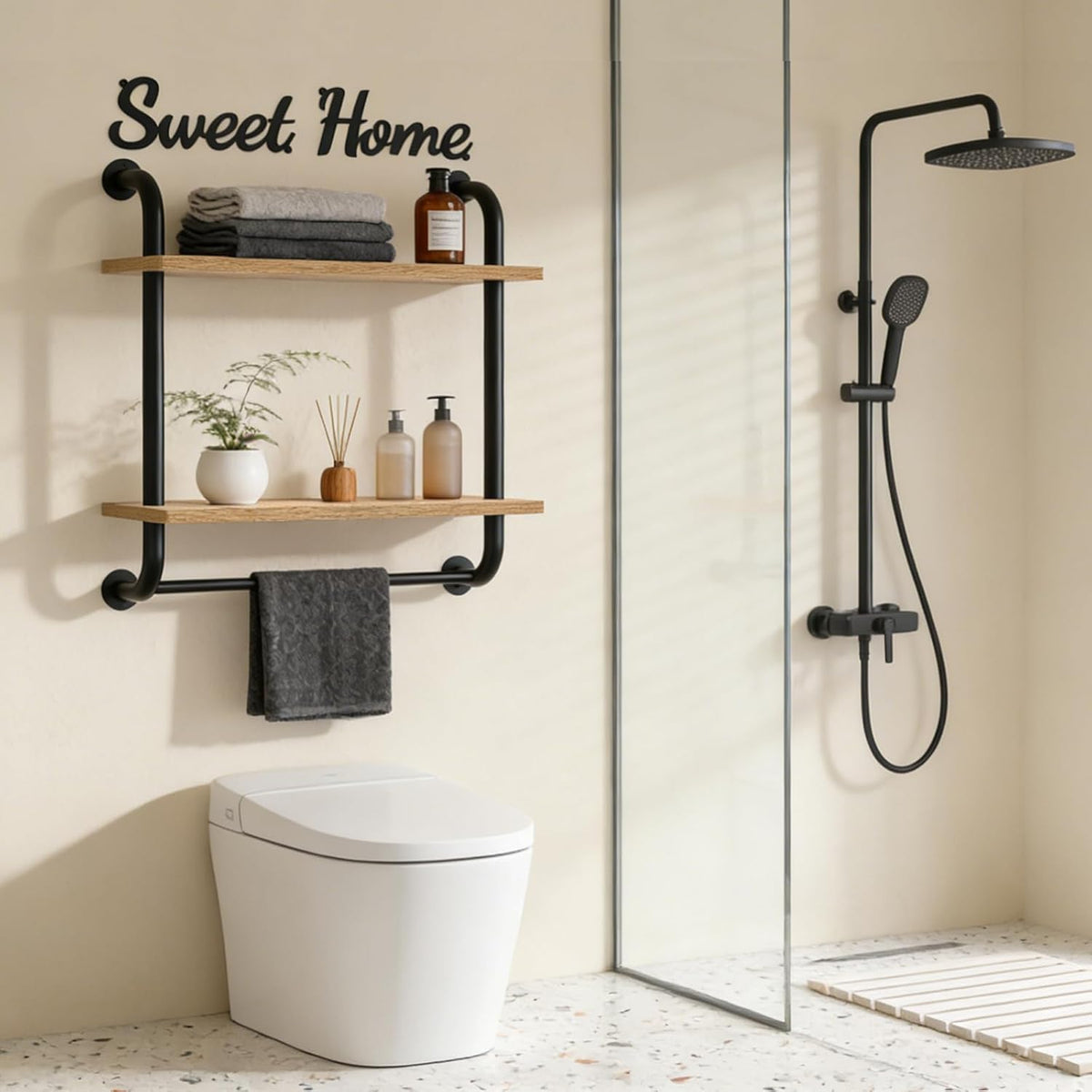 Tinpin Bathroom Shelves Wall Mounted, Rustic Farmhouse Pipe Shelves, 2-Tier, Industrial Shelving Over Toilet, Floating Shelf Decor for Bathroom, Kitchen, Bedroom, Living Room 17.3 inch