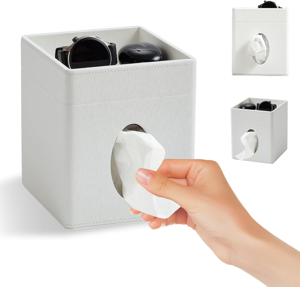 Square Tissue Box Cover Holder with Tray Compatible with Kleenex/Puffs Cubes,Patented Metal-Look PU Leather (Polar Ice)