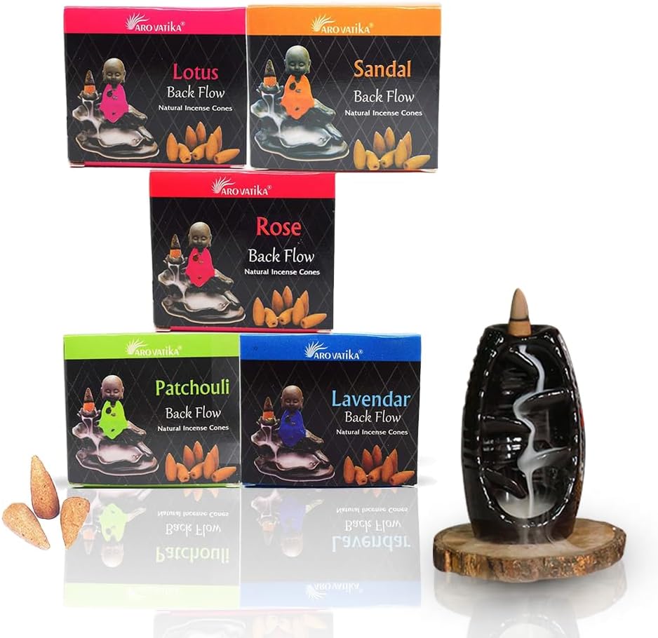 ARO VATIKA Backflow Natural Masala Pack 'B' Incense 50 Cones | 5 Assorted Fragrances of Patchouli, Sandal, Lavender, Rose, Lotus | Best for Prayer, Meditation & Home Fragrance | Burn time- 16-18 mins