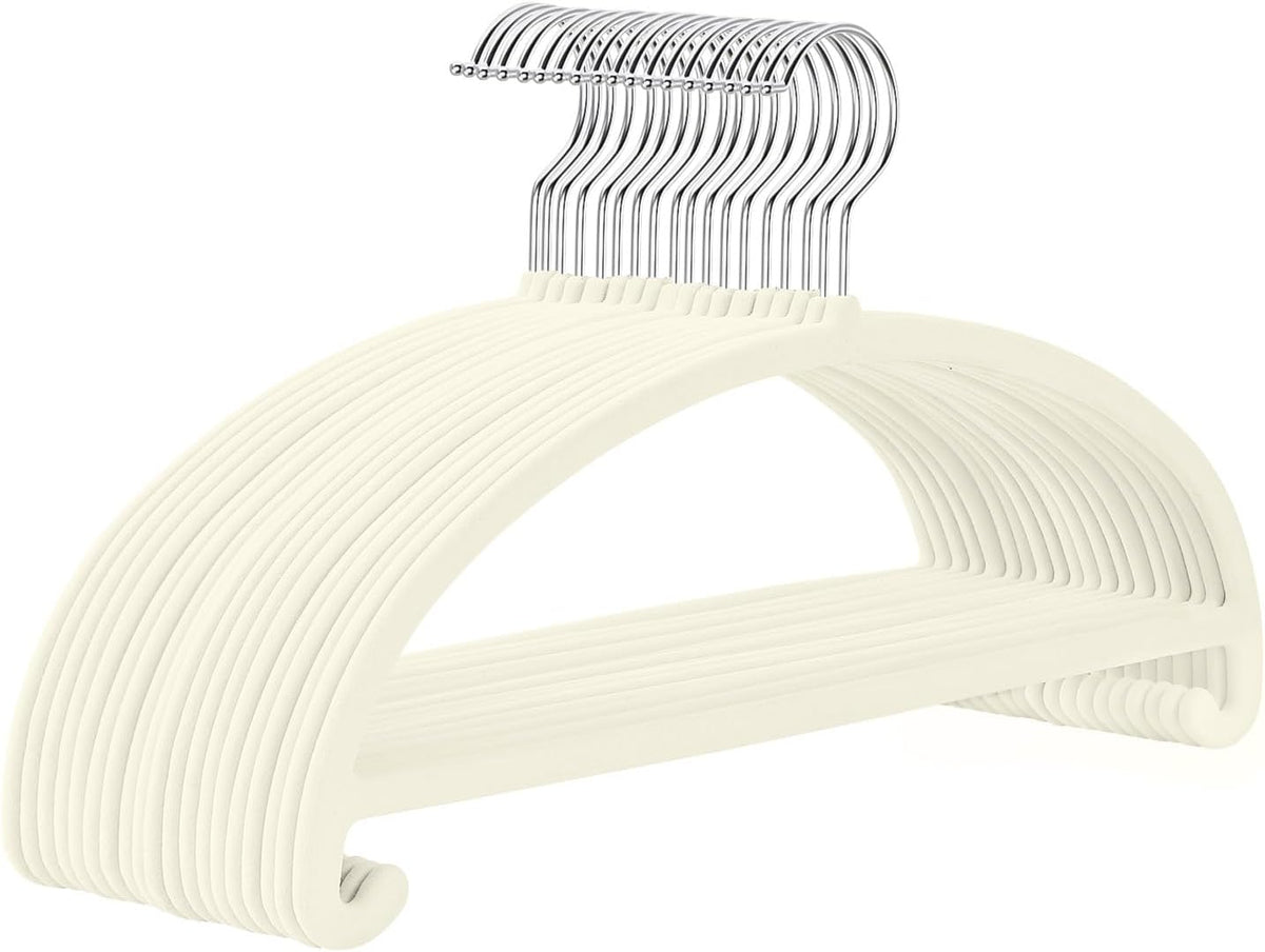 MIZGI 50 Pack Ivory Velvet Hangers - No Shoulder Bumps, Heavy Duty Non-Slip Chrome Hooks for Jackets, Coats, Pants