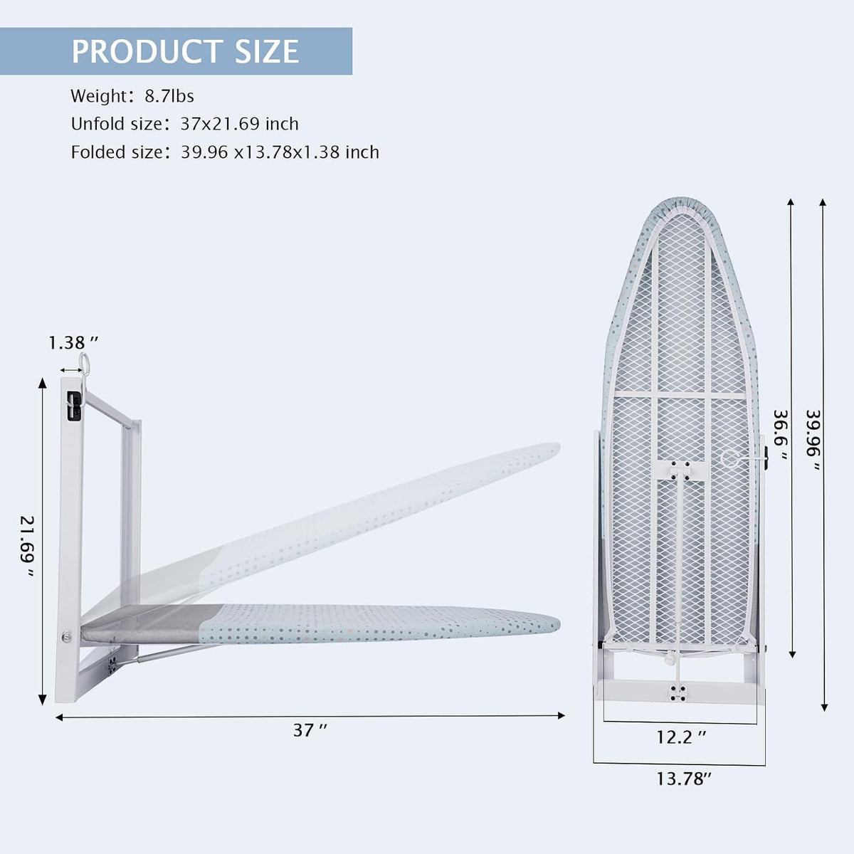 SheeChung Wall Mount Ironing Board 36"X12",Compact Wall Ironing Board,Blue