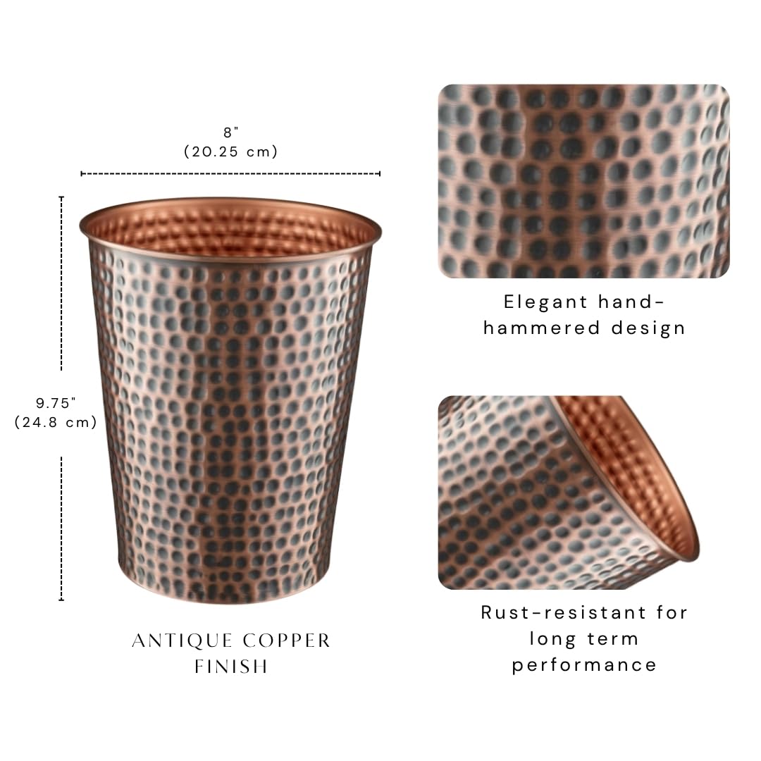 Monarch Abode Metal Bathroom Trash Can – Waste Basket for Bedroom, Office Desk, & Dorm, Hand Hammered, Durable Decorative Antique Copper Small Trash Can Bathroom Garbage Bin Wastebasket