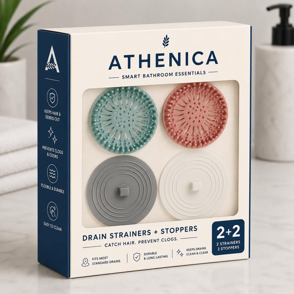 Athenica Silicone Shower Drain Hair Catcher and Tub Stopper, for Bathroom, Kitchen, and Laundry, 4 Pack