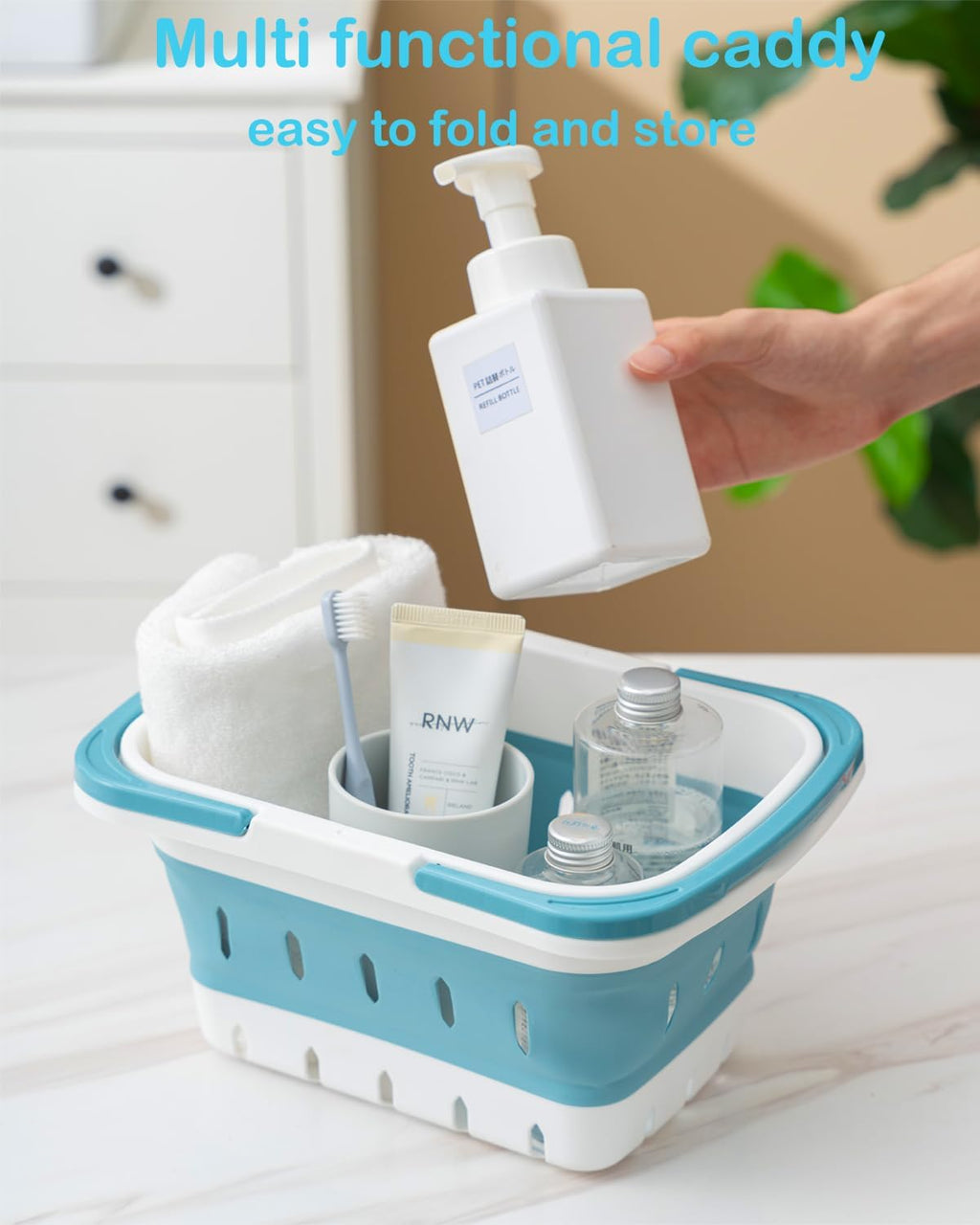 Portable Folding Plastic Bath Shower Caddy with Handle 2 Pack, Perforated, Collapse Travel Bathroom Organizer for Bedroom, College, Shower, Dorm Room, Camping and RV Use (Grey/Blue, 2 pack)