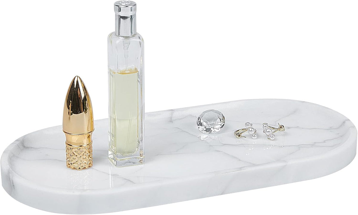 Natural Marble Tray 9.8”x4.7”x0.6” | Hand-Polished Oval Stone Tray for Bathroom Vanity & Jewelry Display – Durable, Unique Vein Patterns (Carrara White)