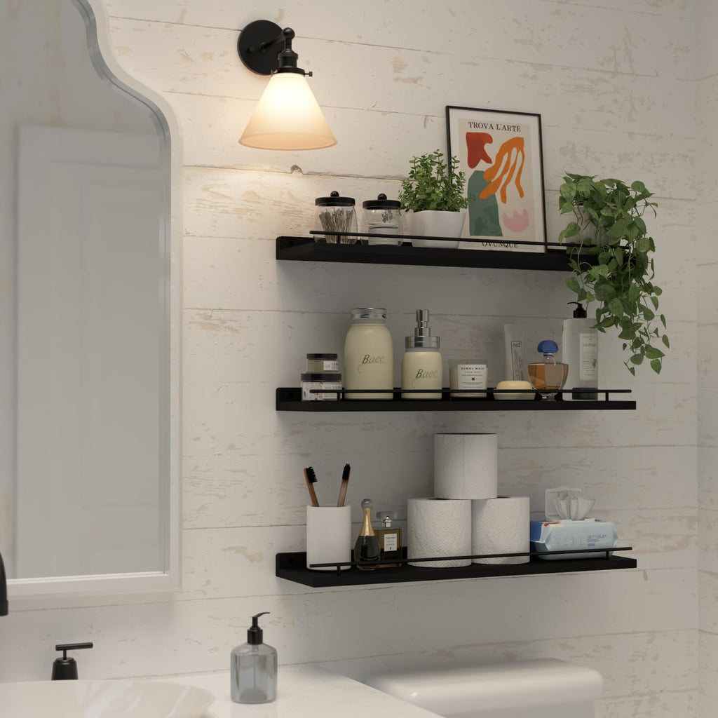 WOPITUES Floating Shelves 24 inch for Wall Decor Set of 3, Black