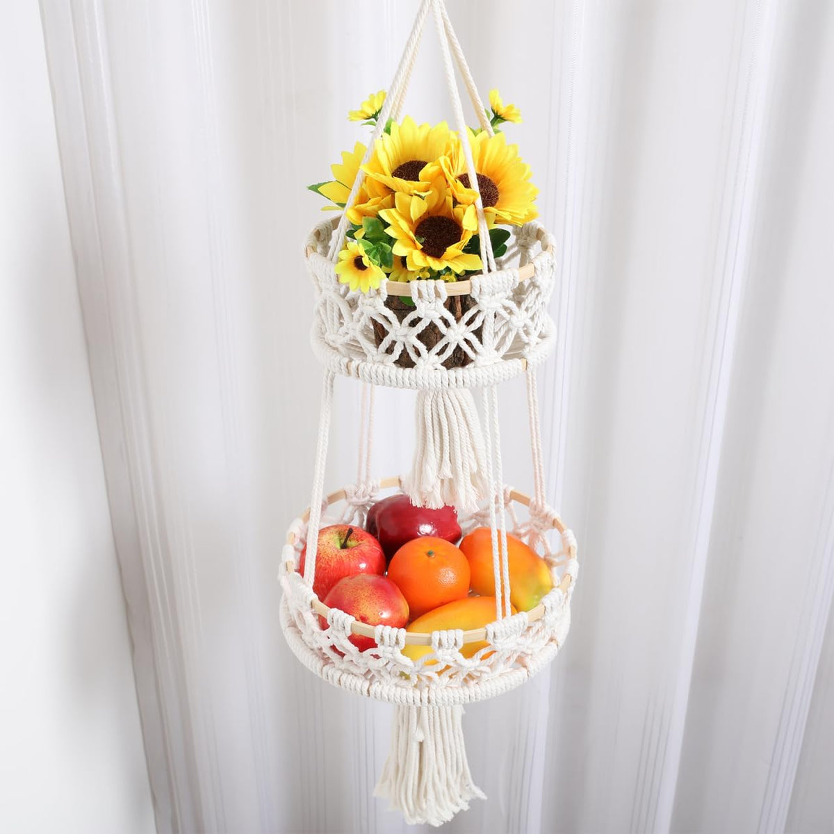 Zerodeko Plant Stand Hanging Fruit Basket 2 Tier Over The Door Organizer Woven Cotton Rope Wall Hanging Basket Magazine Racks Macrame Fruit Hammock for Organizing Storage Bohemia Decor Boho Decor