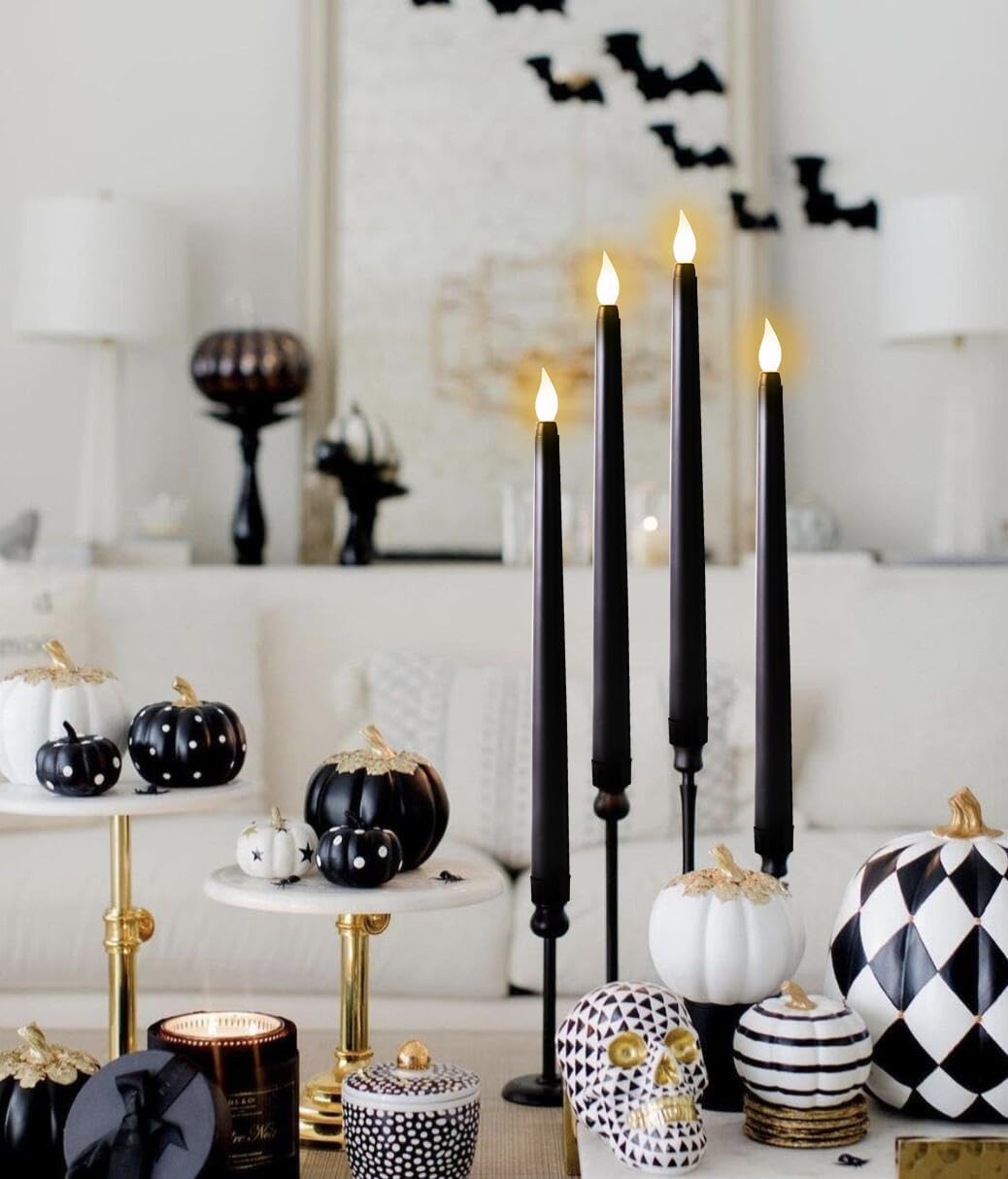 24Pcs Halloween Black Flameless Taper Candles - Battery Operated 2 AAA Long Decor for Table Decorations (No Remote)