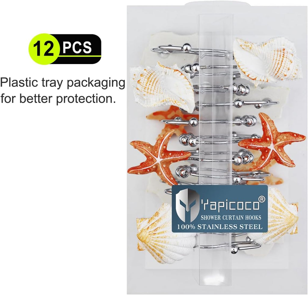 Shower Curtain Hooks Rings, 12PCS Anti Rust Seashell Decorative Double Resin Shower Hooks for Beach Bathroom, Baby Room, Bedroom, Living Room Décor