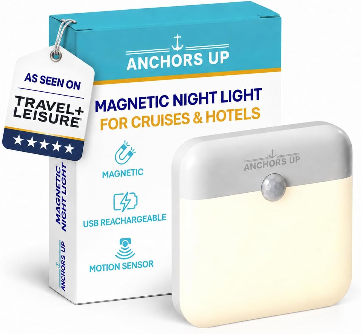 Cruise Cabin & Hotel Room Magnetic Night Light with Motion Sensor USB Rechargeable – Warm White LED Motion Sensor Light – for Cruises, Hotels, Travel and More – Essentials by AnchorsUp
