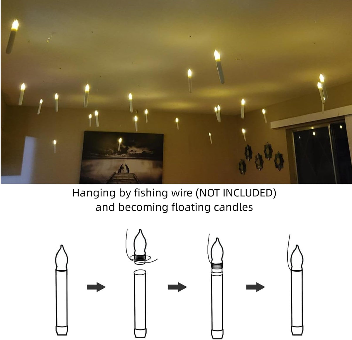 Amagic 24 Pcs Hanging Floating Candles, No Remote & Battery, Flameless Led Taper Candles Flickering, Battery Operated Candlesticks, for Fireplace
