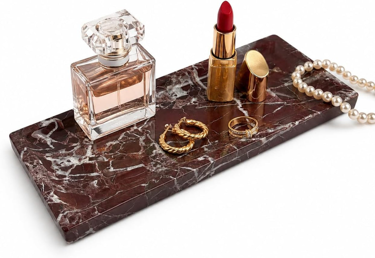 Marble Decorative Tray for Home Decor, Red Vanity Tray for Bathroom Countertop, Small Perfume Tray for Dresser, Luxury Stone Organizer for Jewelry, Candles & Skincare, 11 x 4.7 in