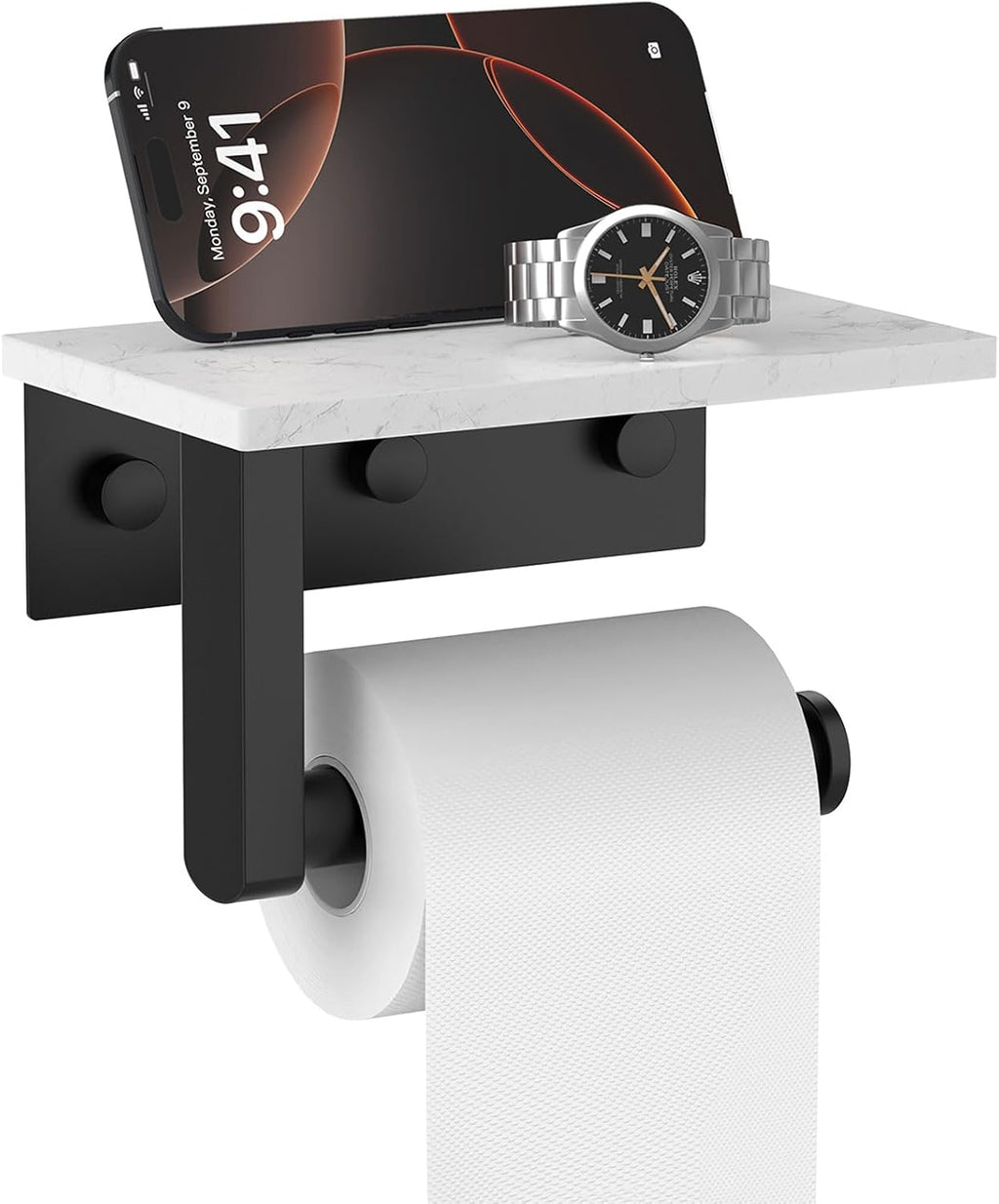 Matte Black Toilet Paper Holder with Marble Shelf Tissue Roll Holder