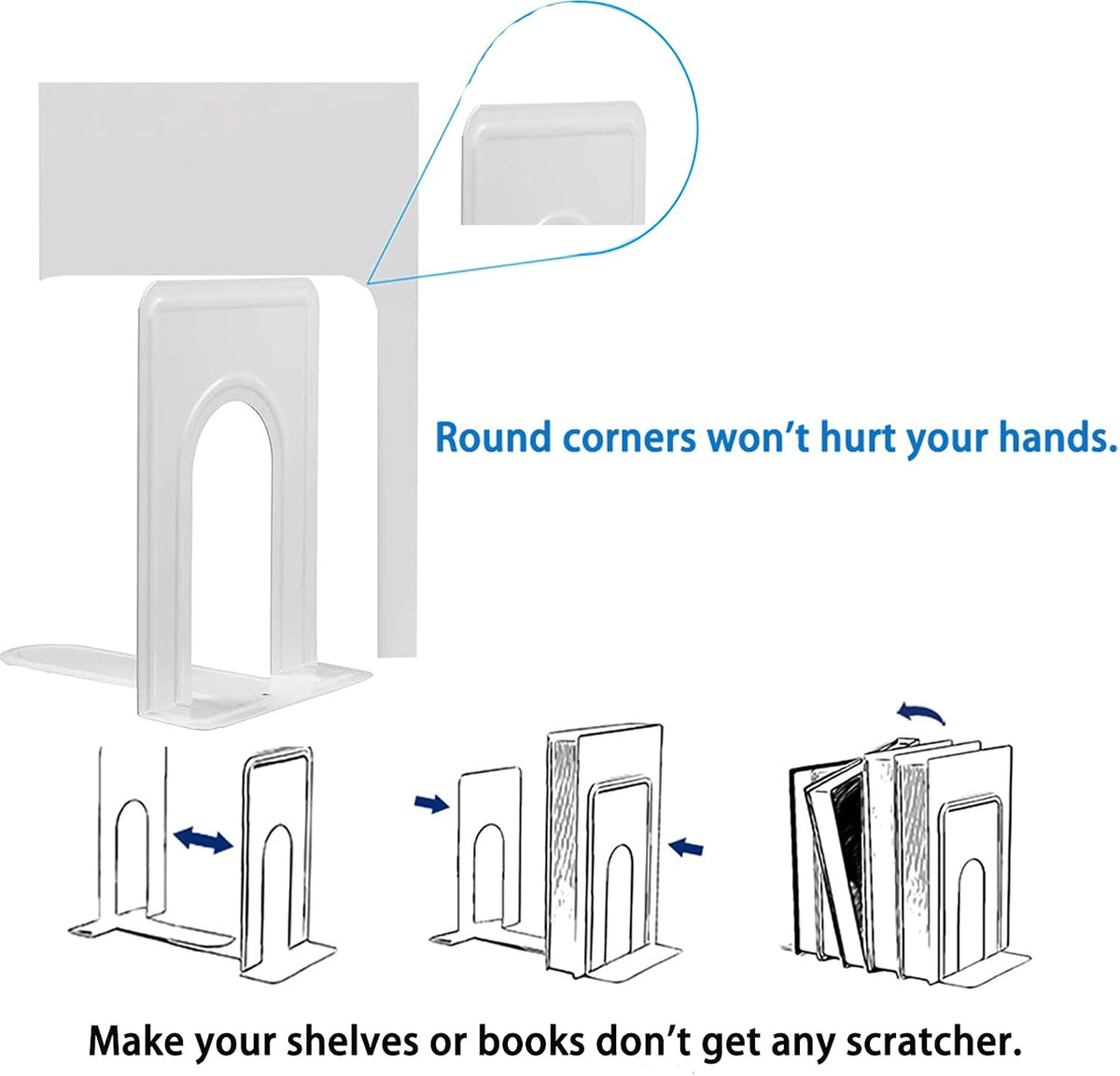 Metal Bookends for Home Office, Book Shelf Holder Home Decorative, Book Ends for Heavy Books/Movies/CDs, White 6.5 x 5 x 5.7 in, 4 Pair/ 8 Piece (Pack of 2)