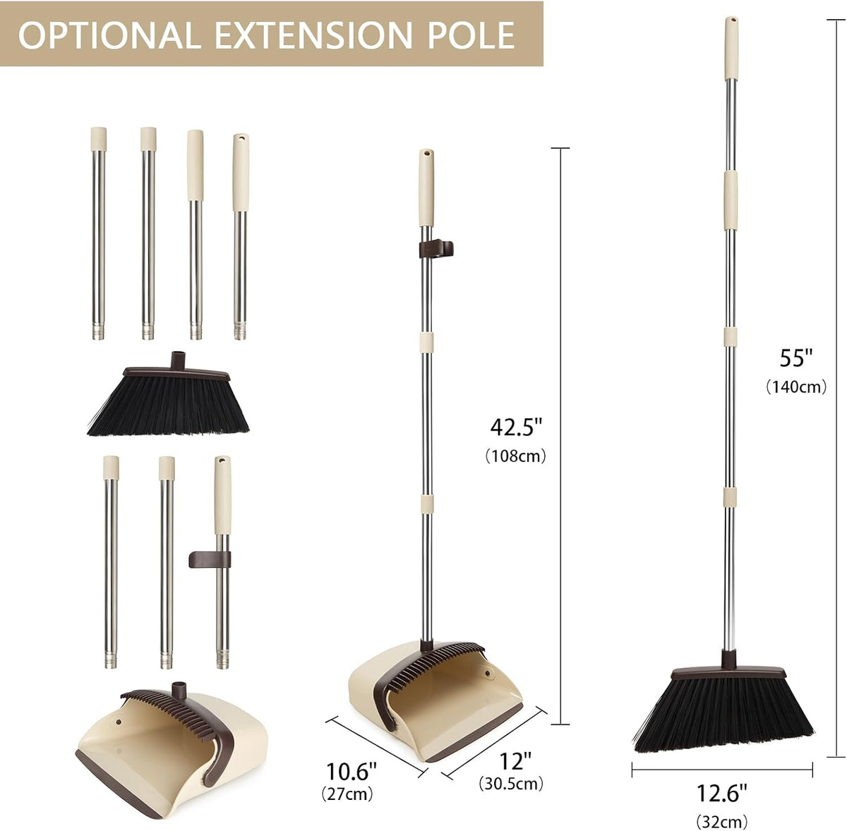 Broom and Dustpan Combo Set,55" Long Handle,Beige