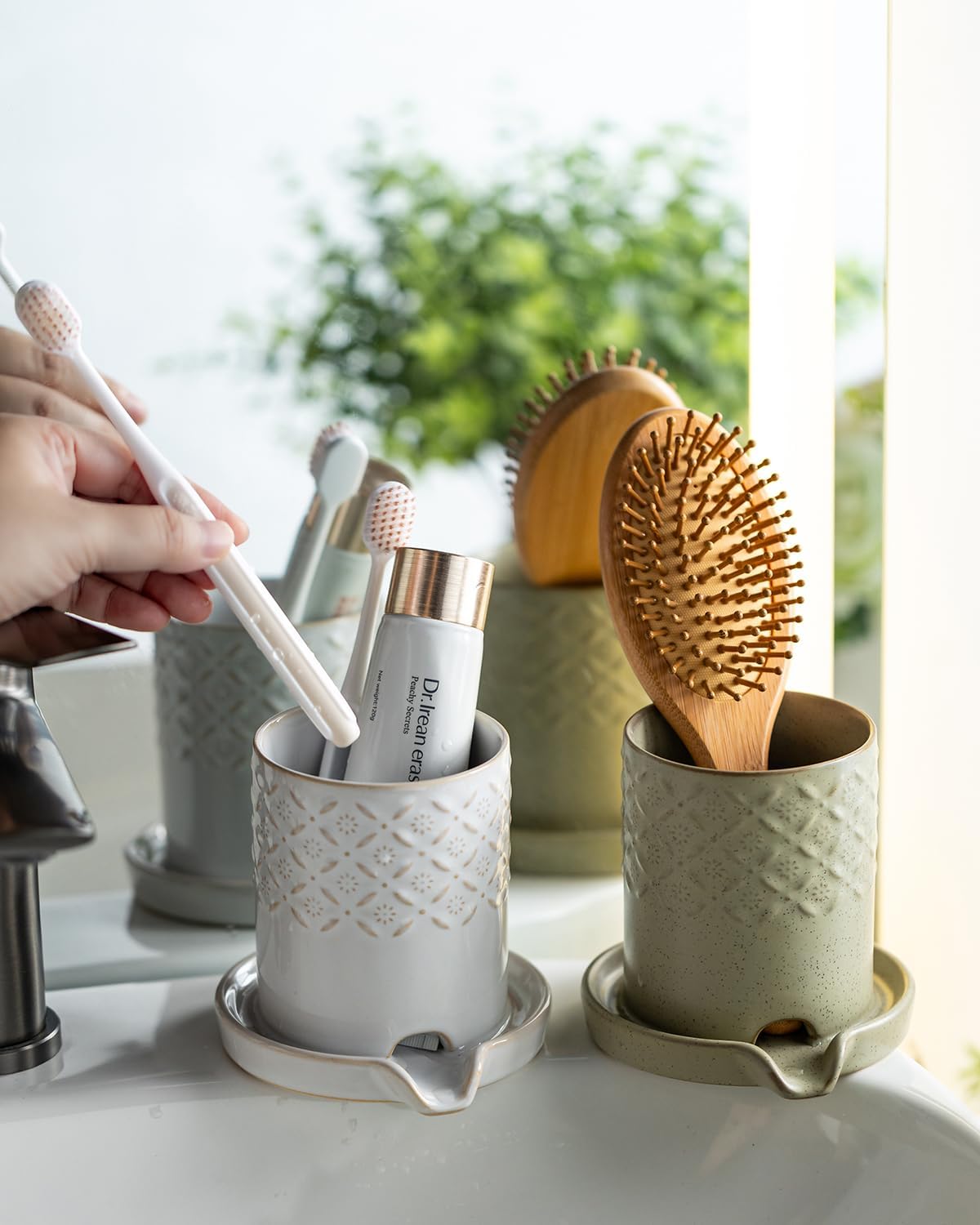 Zoeeker Toothbrush Holders for Bathrooms, Ceramic Toothbrush Holder Set