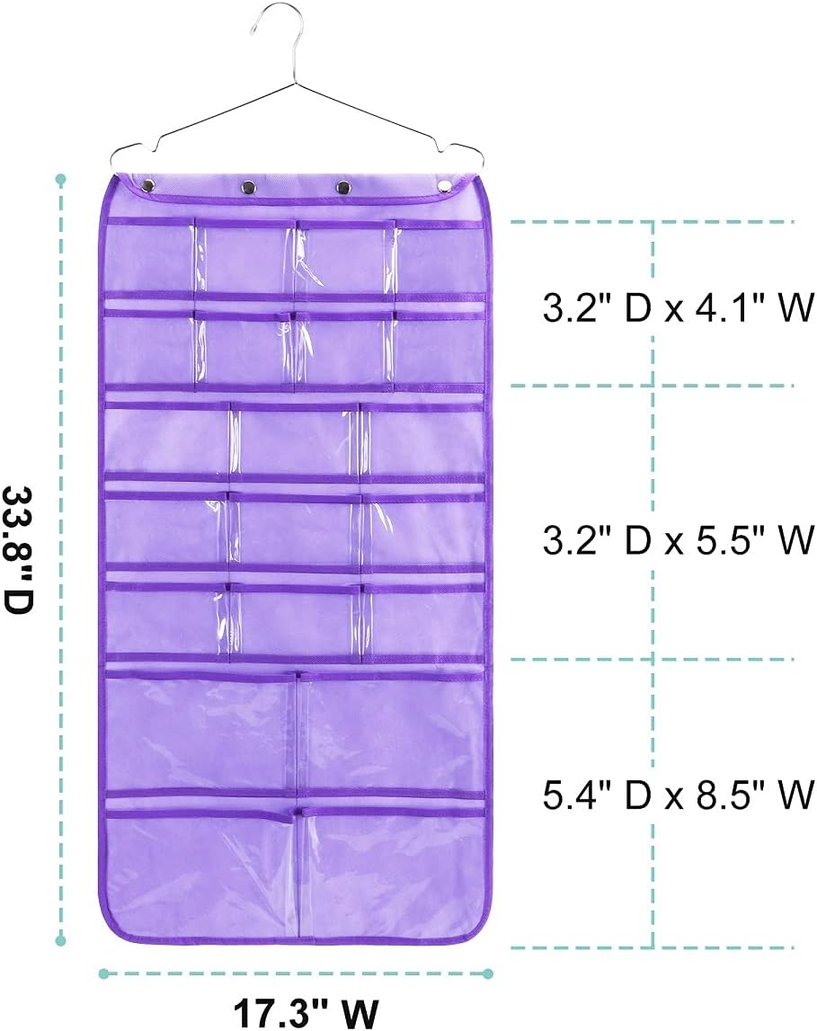 Dual Sided Hanging Organizer for Jewelry Makeup Storage Closet Organizers for Bows Socks Underwear with 42 Clear Pockets (PURPLE)