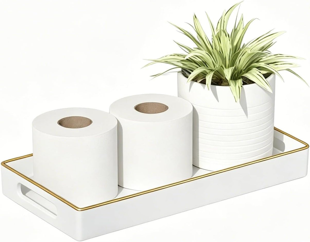 White Rectangular Bathroom Vanity Tray,14 Inch Countertop Storage Organizer