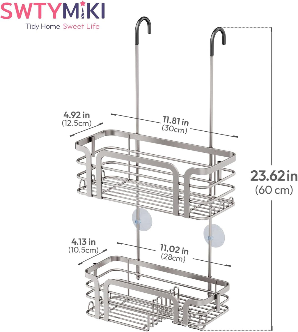 SWTYMIKI Shower Caddy Hanging Organizer - Over the Door Shower Caddy with Soap Holder, 11 Hooks, 2 Installation Ways, Stainless Steel Rustproof Bathroom Organizer, Sand Nickel