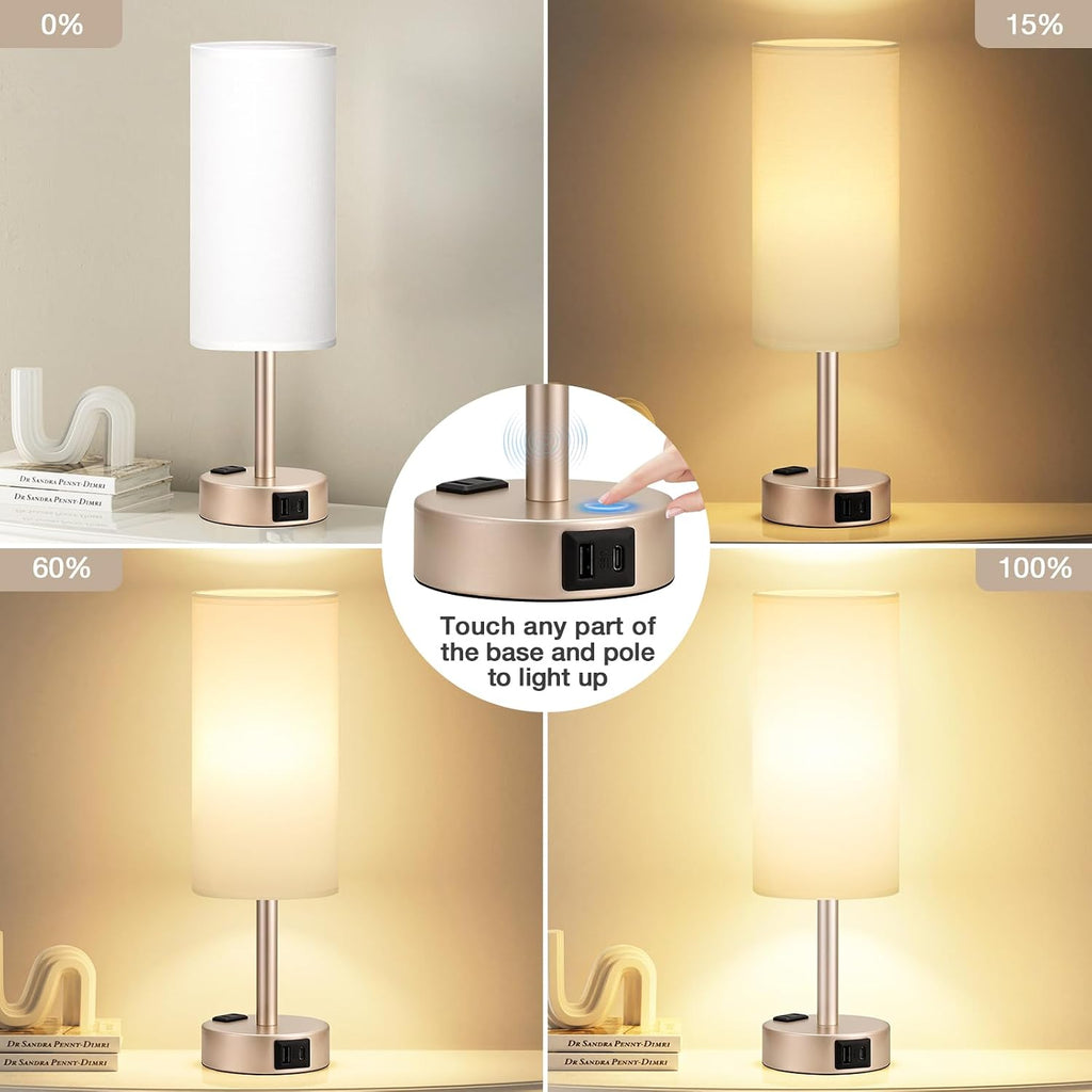 Antique White Bedside Table Lamp, Dimmable Touch Lamp, USB A+C, AC Outlet