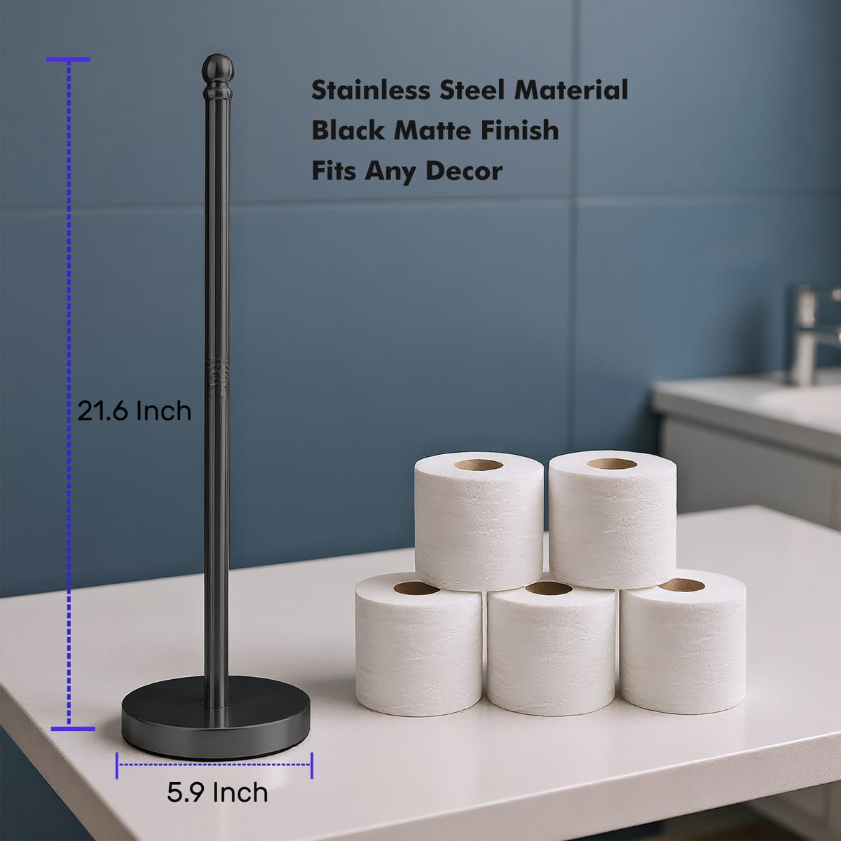 Toilet Paper Holder Stand Holding Up to 5 Paper Rolls, Free-Standing Spare Rolls Storage Holder, Stainless Steel (Black)