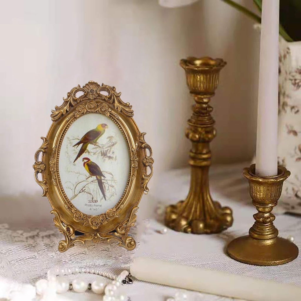 SIKOO Vintage Ornate 4x6 Gold Picture Frame Oval Antique TableTop Wall Mounting Photo Frame with High Definition Glass Front for Home Decor, Old-Fashioned Photo Gallery, Art,Gold