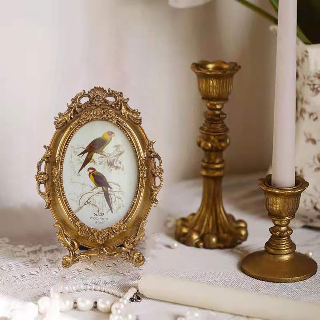 SIKOO Vintage Ornate 4x6 Gold Picture Frame Oval Antique TableTop Wall Mounting Photo Frame with High Definition Glass Front for Home Decor, Old-Fashioned Photo Gallery, Art,Gold
