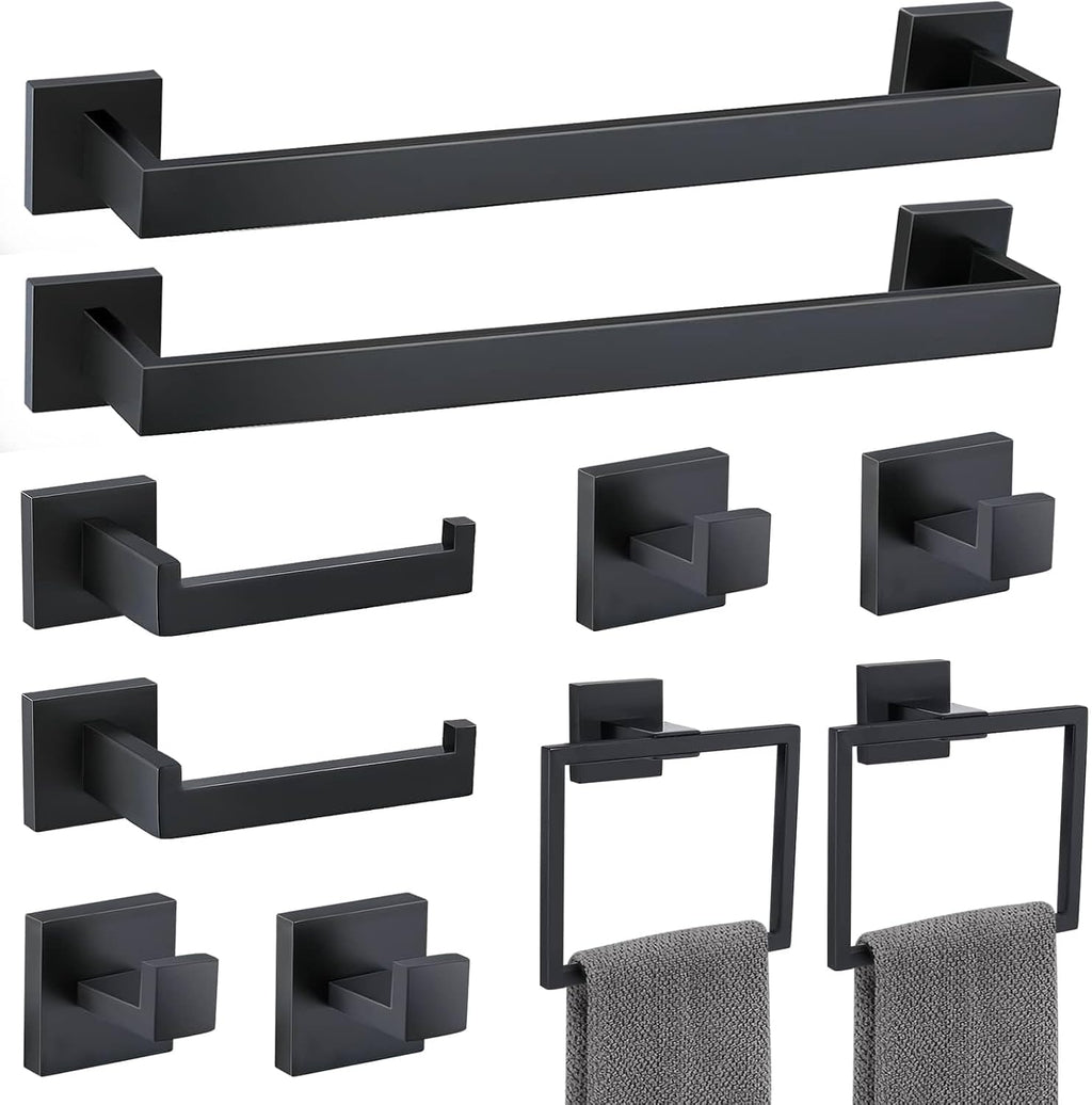 Matte Black 10 Pieces Bathroom Hardware Accessories Set Towel Bar Set Towel Holder Racks Set for Bathroom,SUS304 Stainless Steel,Wall Mounted 16-Inch